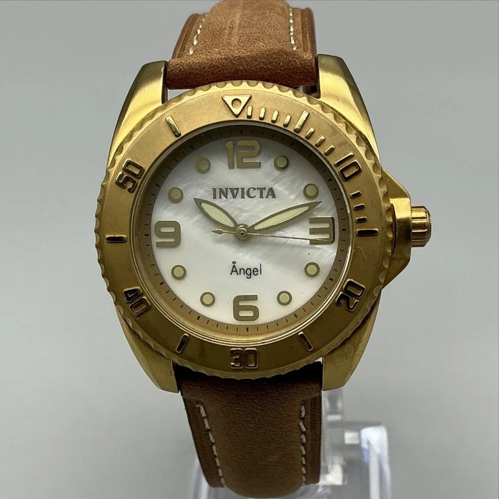 Invicta Angel 15004 Womens Watch 35mm MOP Gold Tone Brown Leather New Battery